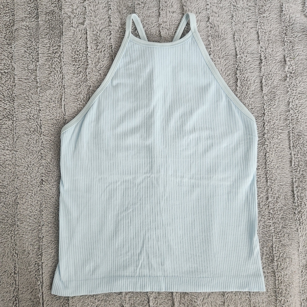 Lululemon Athletica Light Blue Ribbed Tank Top Built In Bra Yoga Gym Size 10